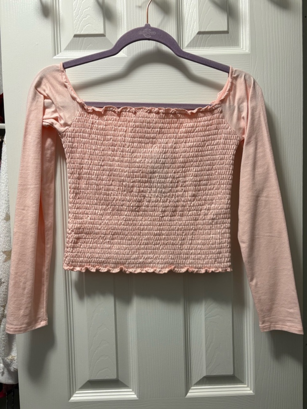 Hollister Light Pink Smocked Long-Sleeve Square Neck Top
